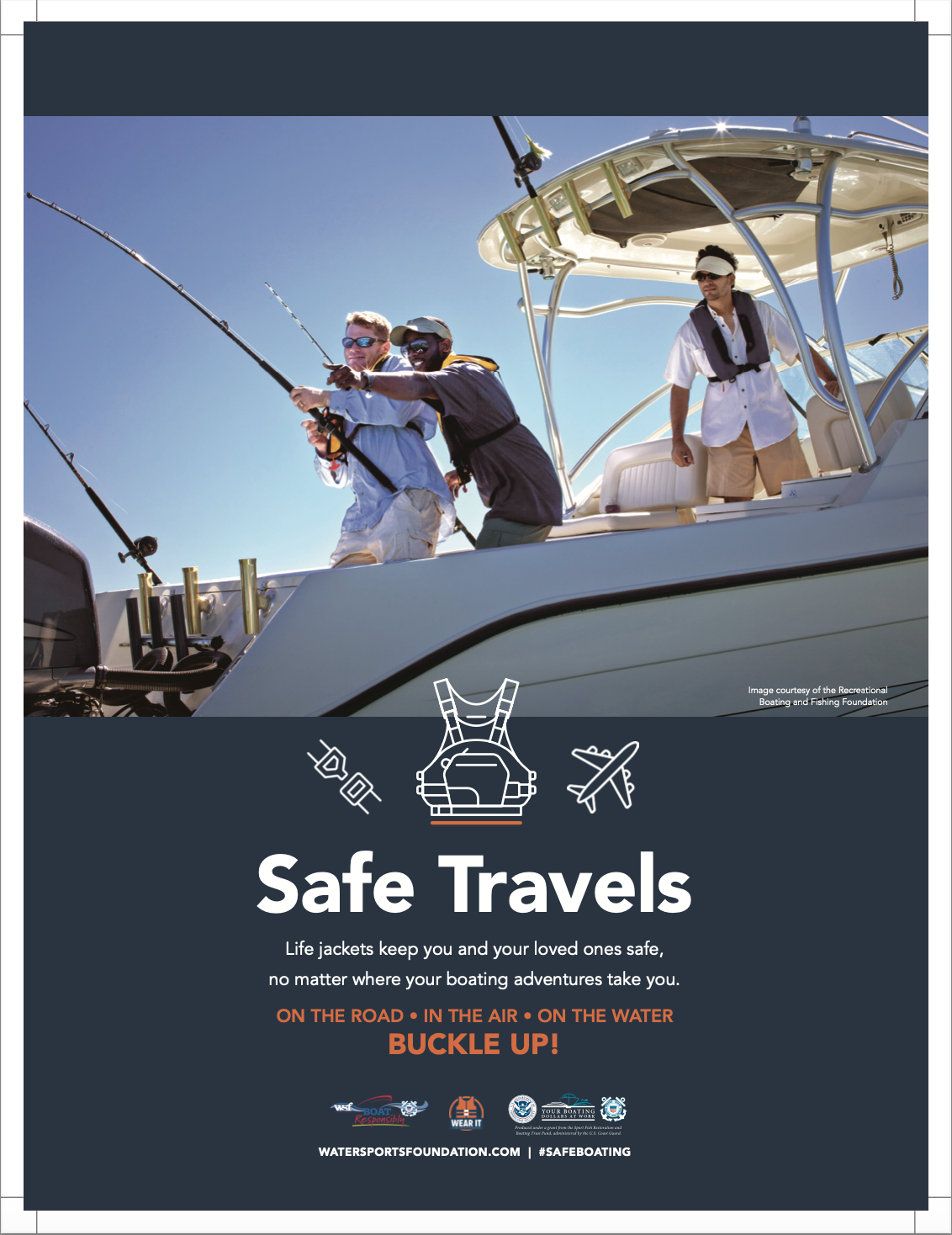 Royalty-free image - A group of people on a boat wearing life jackets and fishing. The image emphasizes safety with a caption promoting the use of life jackets while boating. The slogan reads: "Safe Travels: On the Road, In the Air, On the Water. Buckle Up!.